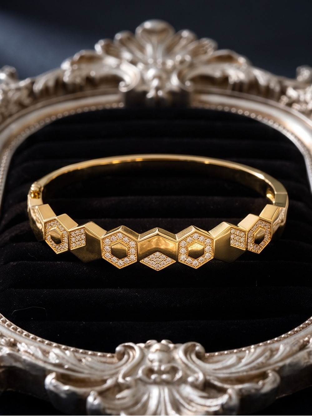 Elegant 14K Gold Honeycomb Cubic Zirconia Bangle (7 in)